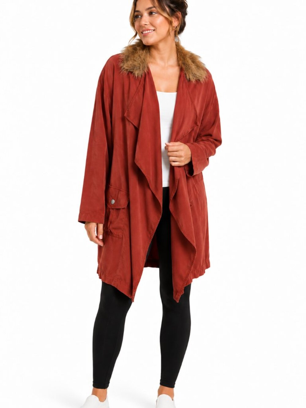 Bar III Faux Fur Collar Draped Open Front Jacket Rust Red Small